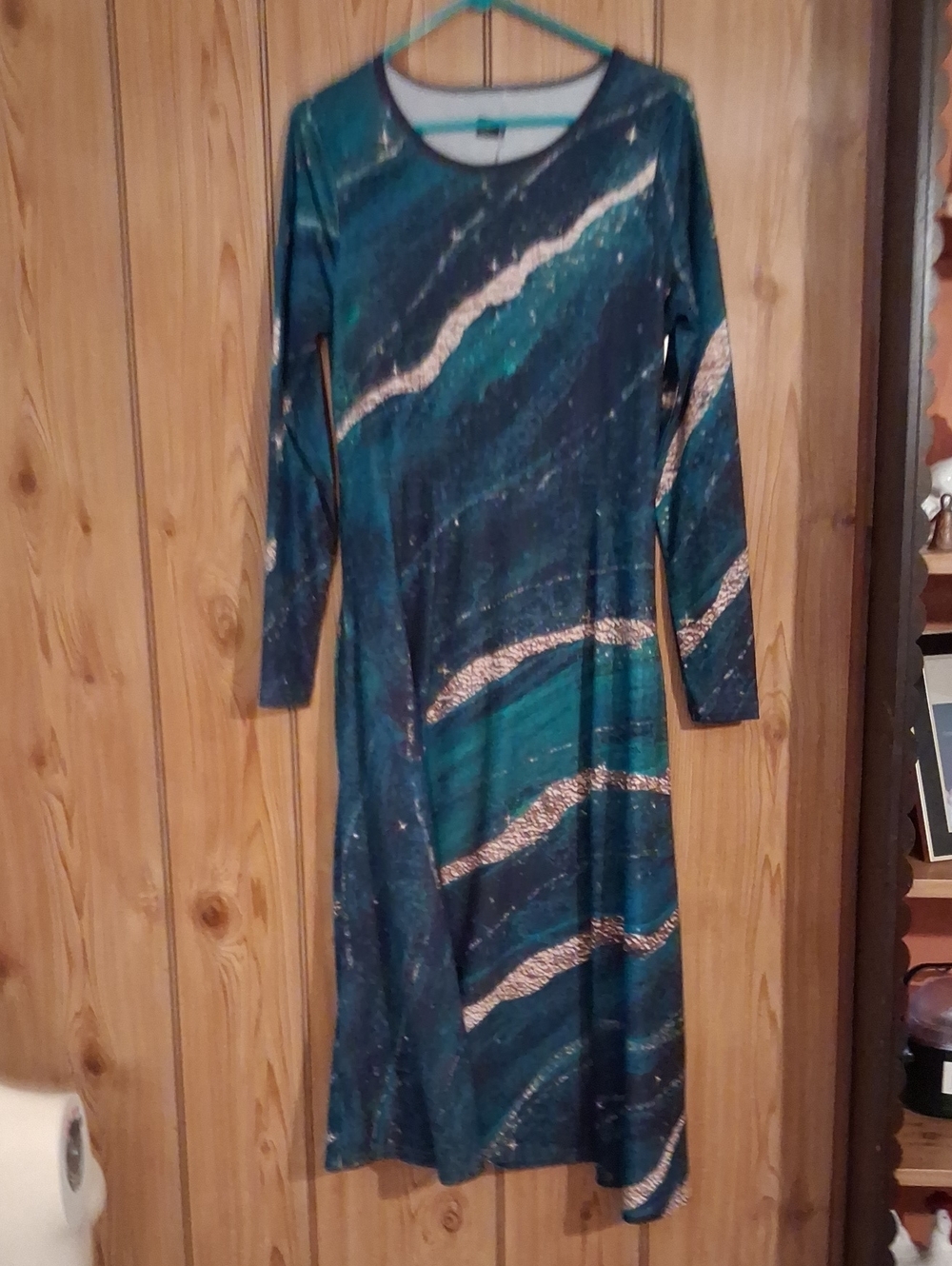 Source Unknown Teal Marble-Print Long Sleeve Maxi Dress with Gold Accents